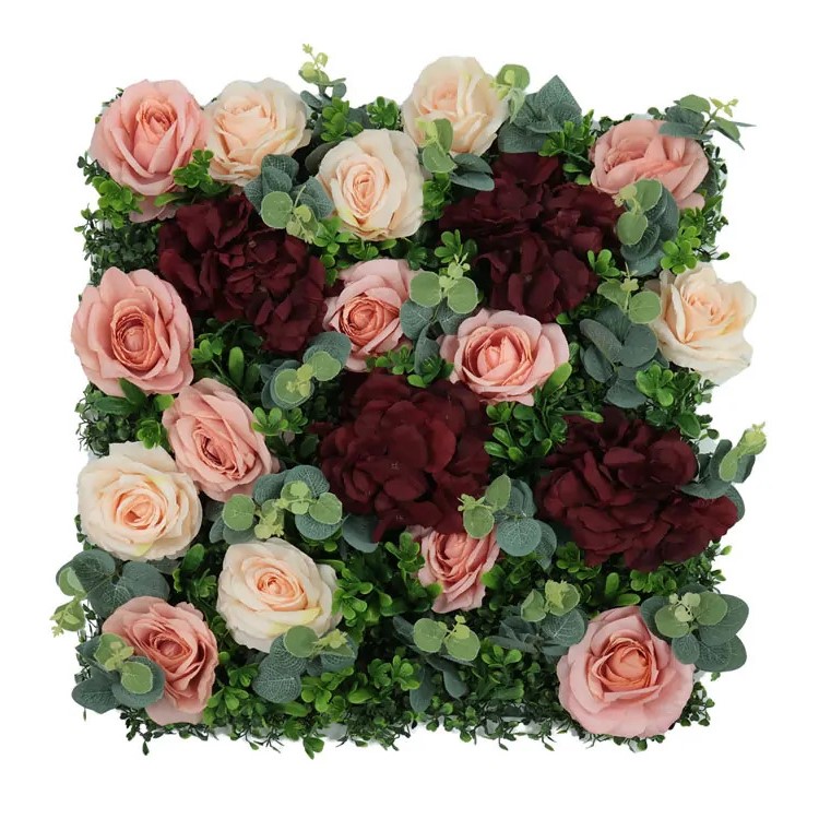 Wall flower - pink rose and dark red hydrangea, 50 x 50 cm