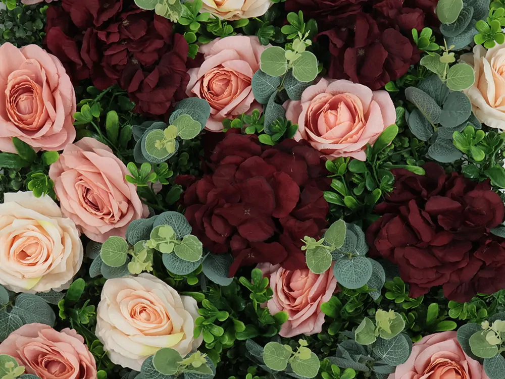 Wall flower - pink rose and dark red hydrangea, 50 x 50 cm