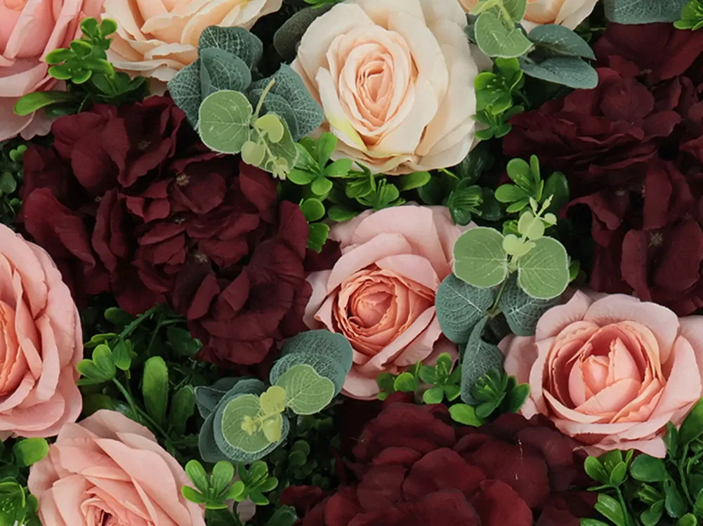 Wall flower - pink rose and dark red hydrangea, 50 x 50 cm
